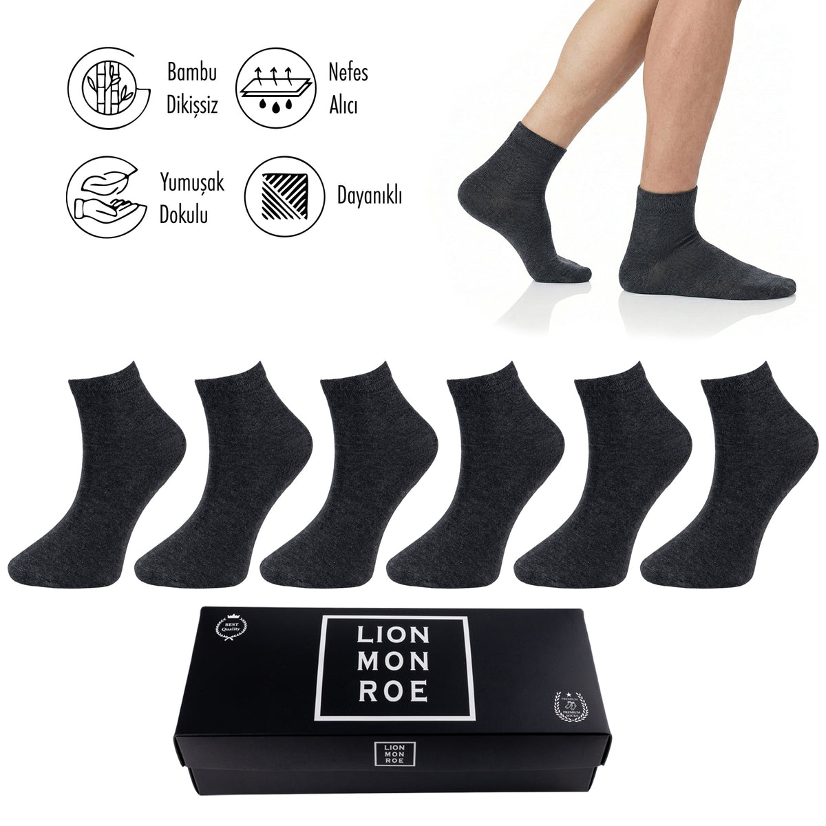 Lion Monroe Saf Bambu Erkek Yarım Konç Düz Çorap Dikişsiz Premium Kutulu 6'lı