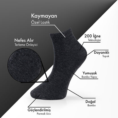 Lion Monroe Saf Bambu Erkek Yarım Konç Düz Çorap Dikişsiz Premium Kutulu 6'lı