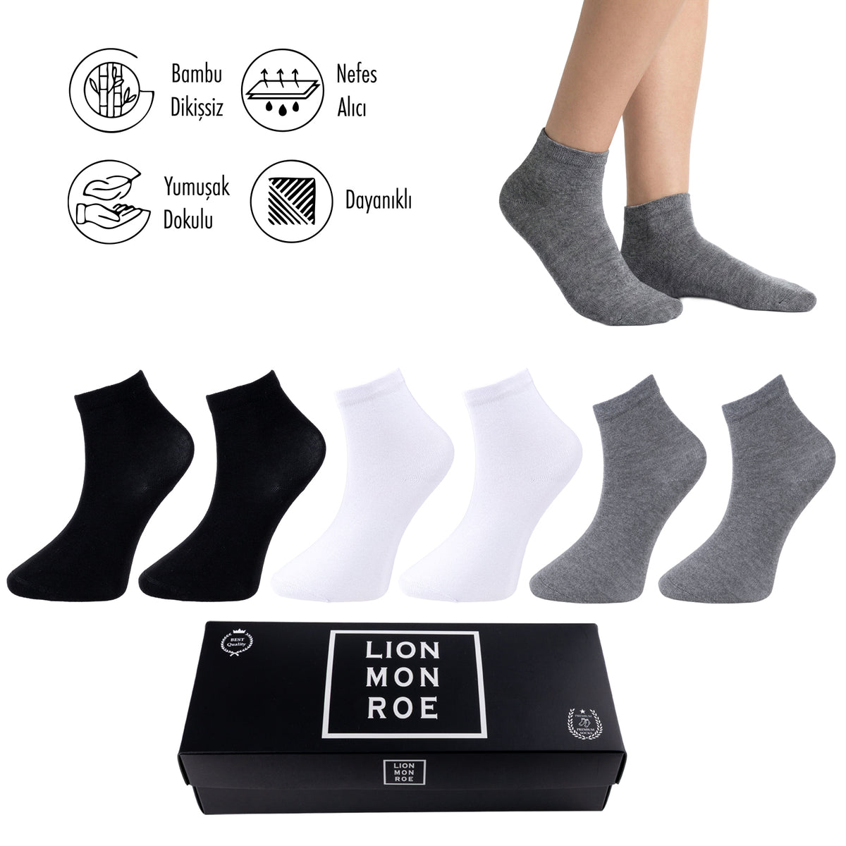 Lion Monroe Saf Bambu Erkek Yarım Konç Düz Çorap Dikişsiz Premium Kutulu 6'lı