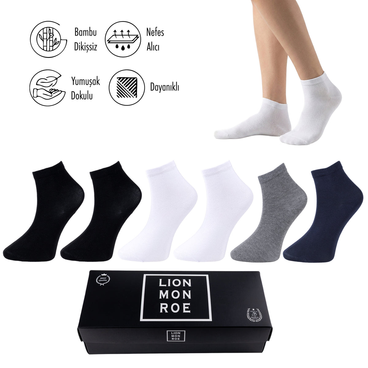 Lion Monroe Saf Bambu Erkek Yarım Konç Düz Çorap Dikişsiz Premium Kutulu 6'lı