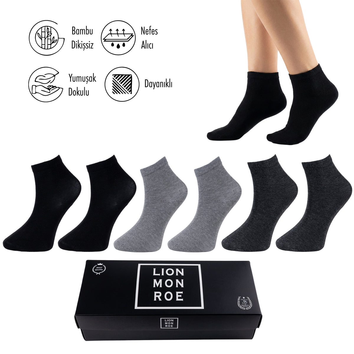 Lion Monroe Saf Bambu Erkek Yarım Konç Düz Çorap Dikişsiz Premium Kutulu 6'lı