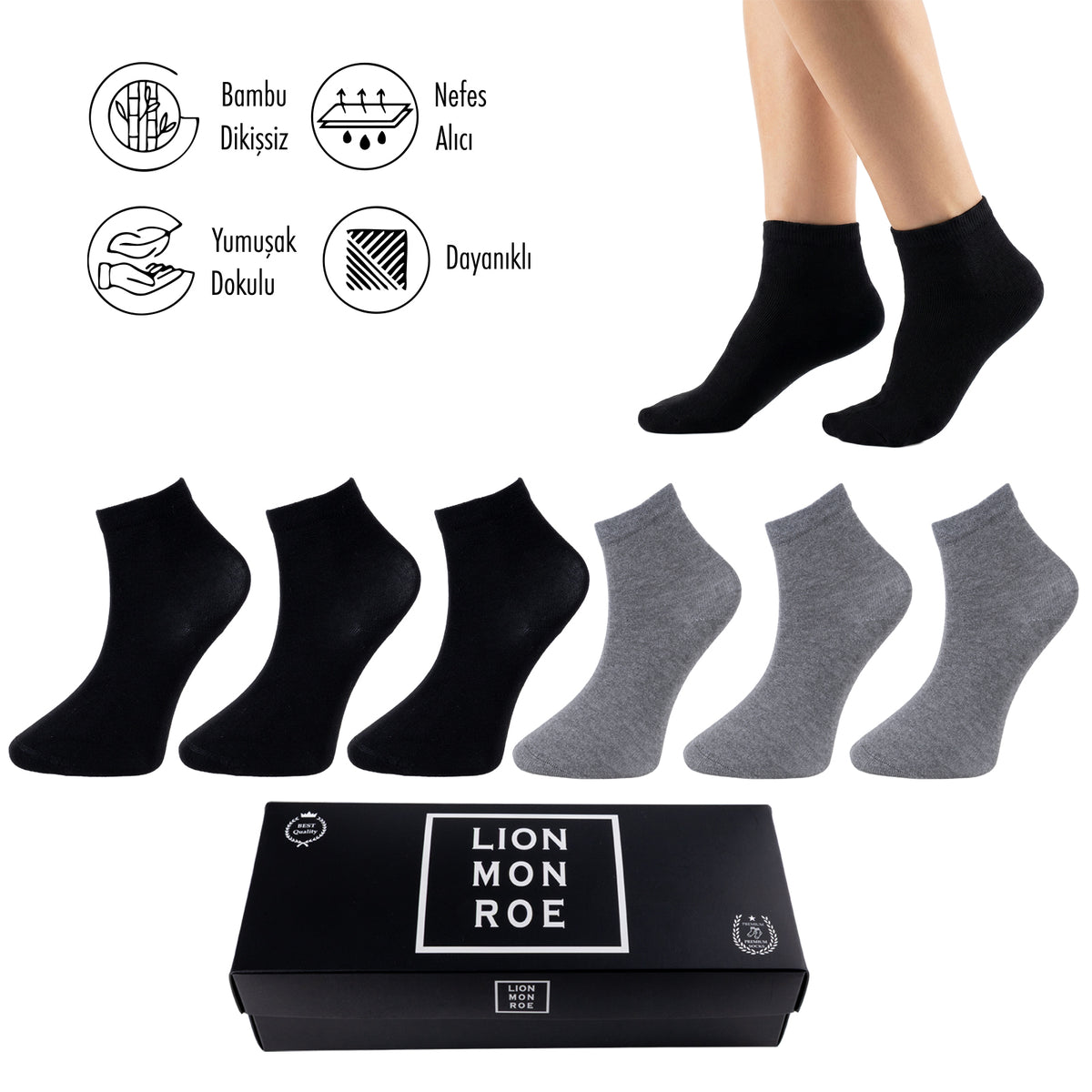 Lion Monroe Saf Bambu Erkek Yarım Konç Düz Çorap Dikişsiz Premium Kutulu 6'lı