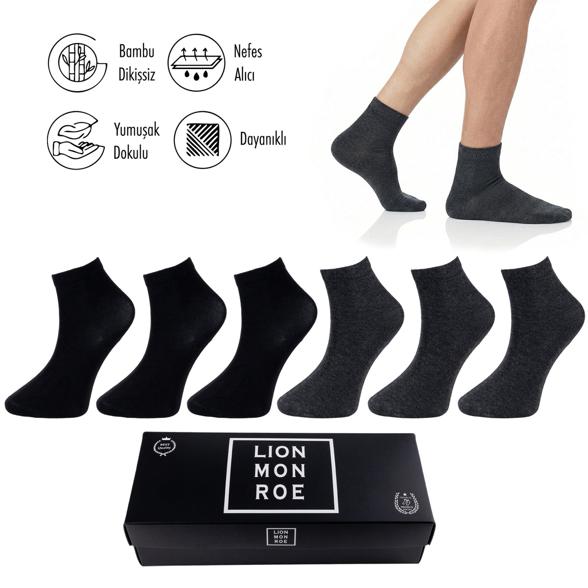 Lion Monroe Saf Bambu Erkek Yarım Konç Düz Çorap Dikişsiz Premium Kutulu 6'lı