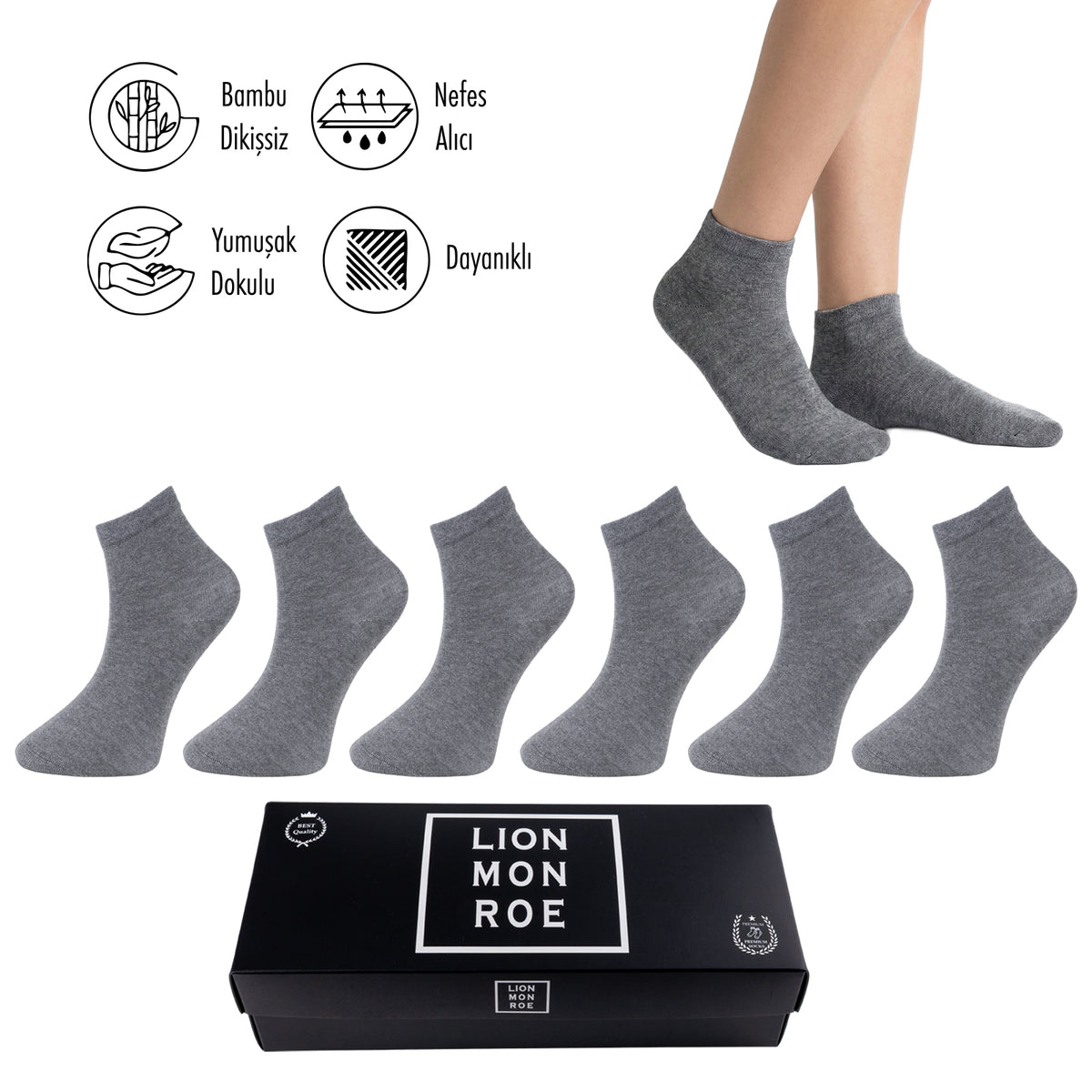 Lion Monroe Saf Bambu Erkek Yarım Konç Düz Çorap Dikişsiz Premium Kutulu 6'lı