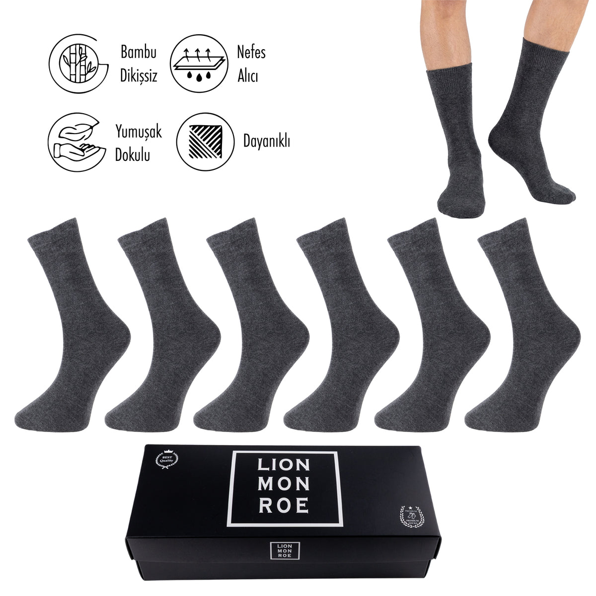 Lion Monroe Saf Bambu Erkek Tenis Uzun Düz Çorap Dikişsiz Premium Nefes Alabilir Hediye Kutulu 6'lı