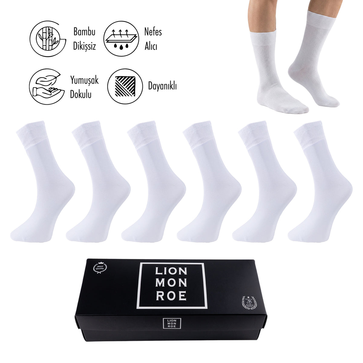 Lion Monroe Saf Bambu Erkek Tenis Uzun Düz Çorap Dikişsiz Premium Nefes Alabilir Hediye Kutulu 6'lı