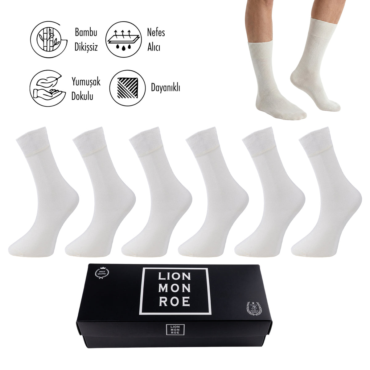 Lion Monroe Saf Bambu Erkek Tenis Uzun Düz Çorap Dikişsiz Premium Nefes Alabilir Hediye Kutulu 6'lı