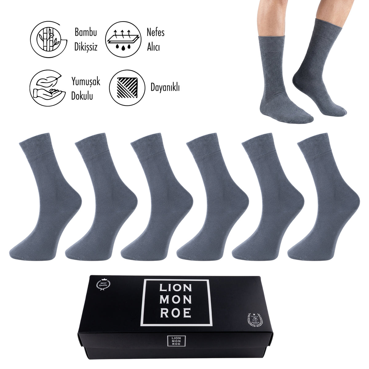 Lion Monroe Saf Bambu Erkek Tenis Uzun Düz Çorap Dikişsiz Premium Nefes Alabilir Hediye Kutulu 6'lı