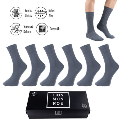 Lion Monroe Saf Bambu Erkek Tenis Uzun Düz Çorap Dikişsiz Premium Nefes Alabilir Hediye Kutulu 6'lı