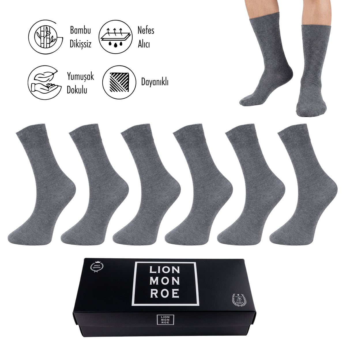 Lion Monroe Saf Bambu Erkek Tenis Uzun Düz Çorap Dikişsiz Premium Nefes Alabilir Hediye Kutulu 6'lı