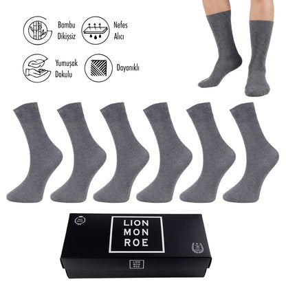 Lion Monroe Saf Bambu Erkek Tenis Uzun Düz Çorap Dikişsiz Premium Nefes Alabilir Hediye Kutulu 6'lı