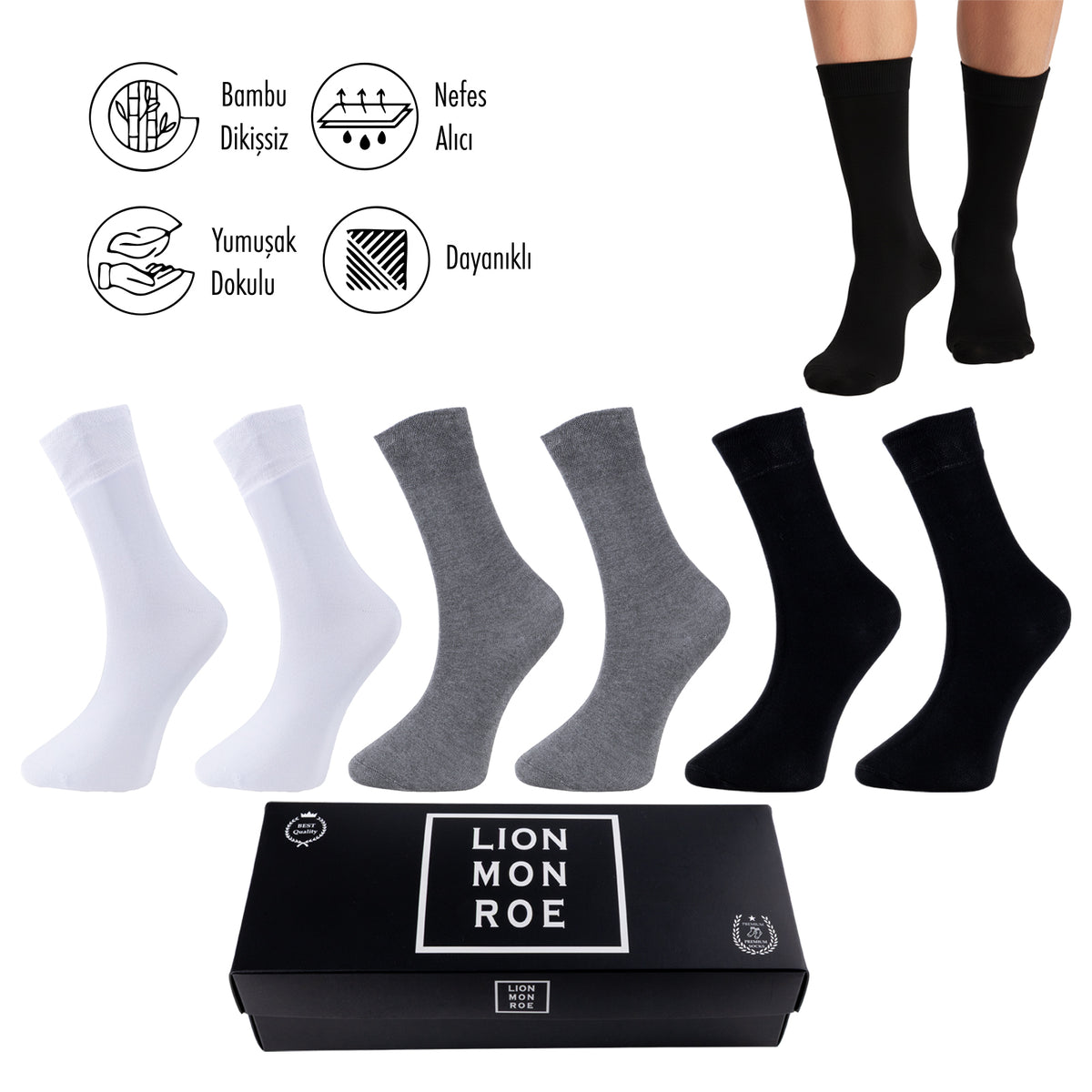 Lion Monroe Saf Bambu Erkek Tenis Uzun Düz Çorap Dikişsiz Premium Nefes Alabilir Hediye Kutulu 6'lı