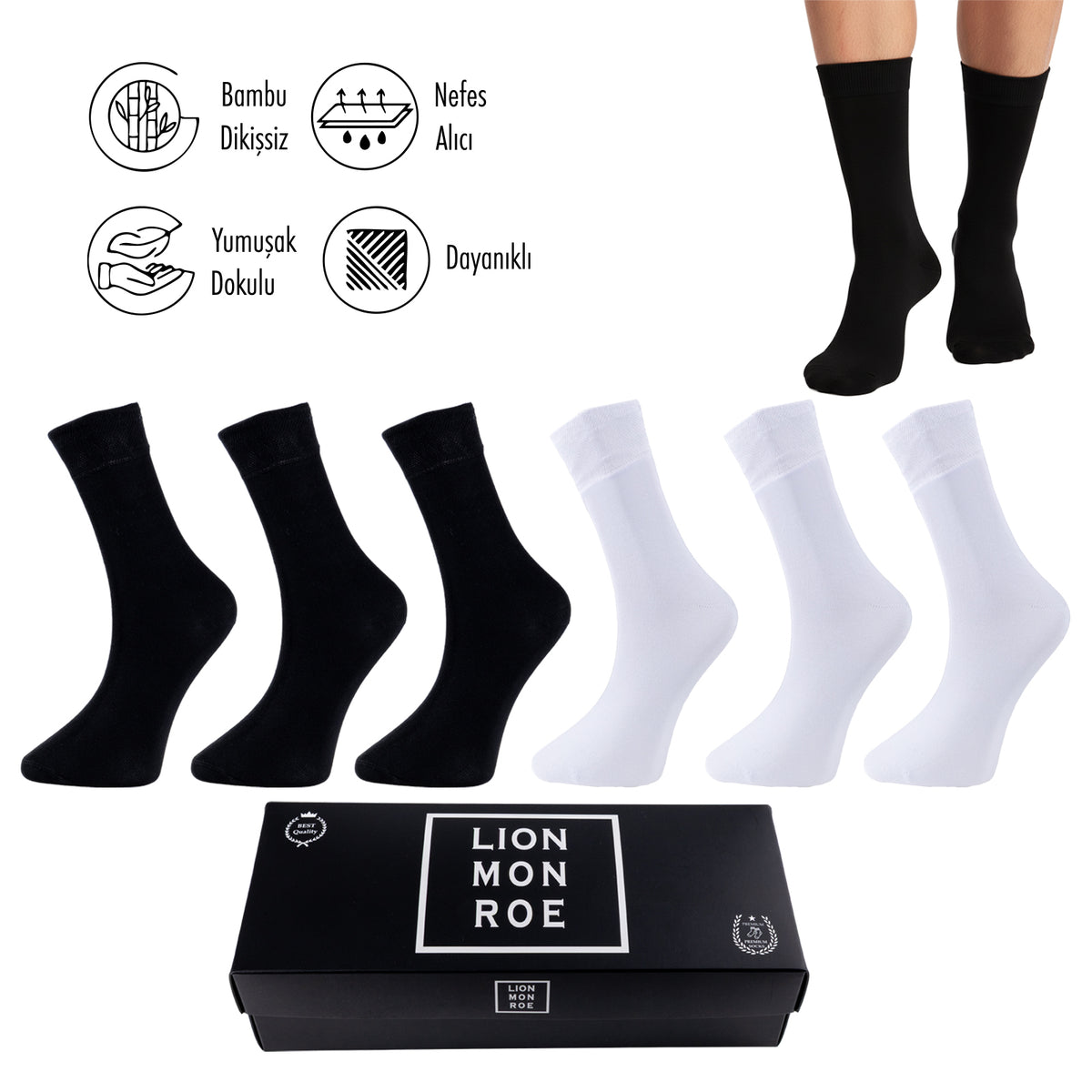Lion Monroe Saf Bambu Erkek Tenis Uzun Düz Çorap Dikişsiz Premium Nefes Alabilir Hediye Kutulu 6'lı