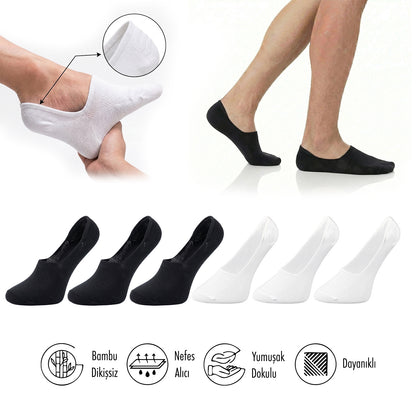 Saf Bambu Erkek Babet Çorap Dikişsiz Görünmez Kaydırmaz Topuk Silikonlu Premium 6'lı Paket