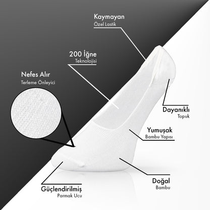 Saf Bambu Erkek Babet Çorap Dikişsiz Görünmez Kaydırmaz Topuk Silikonlu Premium 6'lı Paket