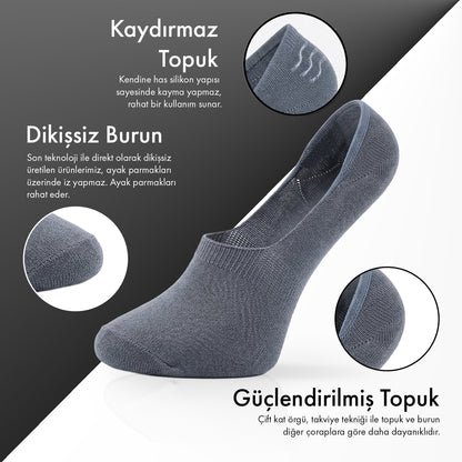 Saf Bambu Erkek Babet Çorap Dikişsiz Görünmez Kaydırmaz Topuk Silikonlu Premium 6'lı Paket