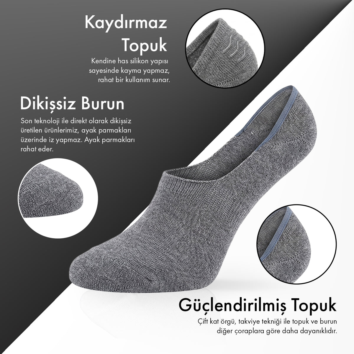 Saf Bambu Erkek Babet Çorap Dikişsiz Görünmez Kaydırmaz Topuk Silikonlu Premium 6'lı Paket