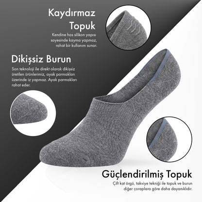Saf Bambu Erkek Babet Çorap Dikişsiz Görünmez Kaydırmaz Topuk Silikonlu Premium 6'lı Paket