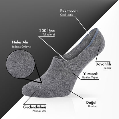 Saf Bambu Erkek Babet Çorap Dikişsiz Görünmez Kaydırmaz Topuk Silikonlu Premium 6'lı Paket