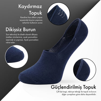 Saf Bambu Erkek Babet Çorap Dikişsiz Görünmez Kaydırmaz Topuk Silikonlu Premium 6'lı Paket