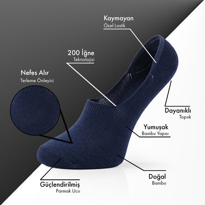 Saf Bambu Erkek Babet Çorap Dikişsiz Görünmez Kaydırmaz Topuk Silikonlu Premium 6'lı Paket