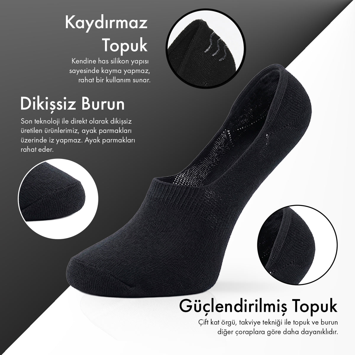 Saf Bambu Erkek Babet Çorap Dikişsiz Görünmez Kaydırmaz Topuk Silikonlu Premium 6'lı Paket