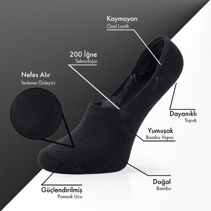 Saf Bambu Erkek Babet Çorap Dikişsiz Görünmez Kaydırmaz Topuk Silikonlu Premium 6'lı Paket